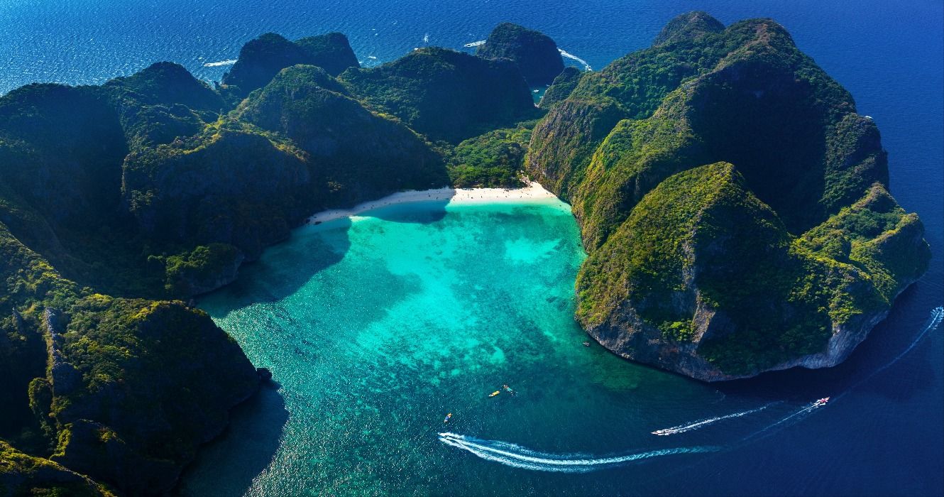 A drone view of Maya Bay, Koh Phi Phi Leh, Phi Phi Islands, Thailand