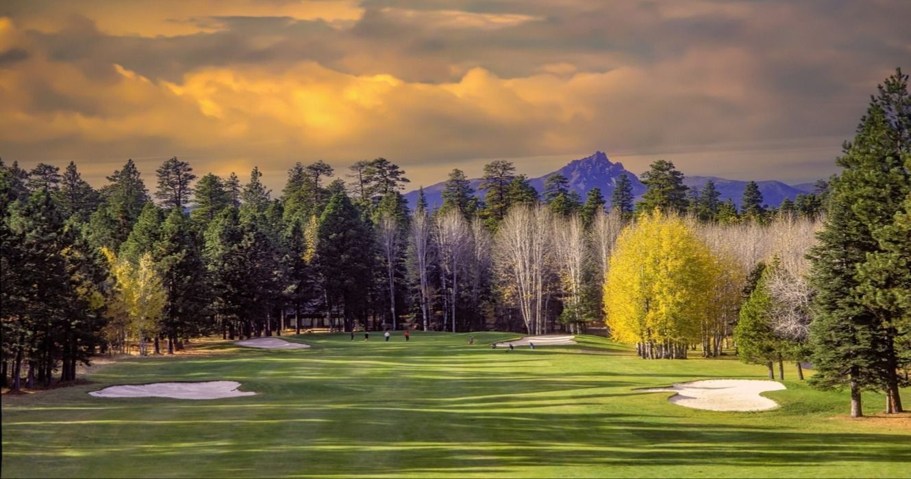 Golfers putting on a green grassy area at a golf course near Sisters, Oregon, USA