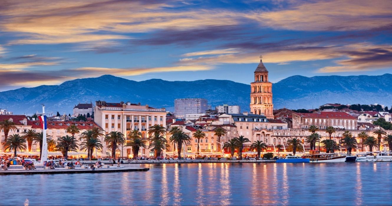 An evening view of Split, Croatia at night along the Adriatic Sea, Europe