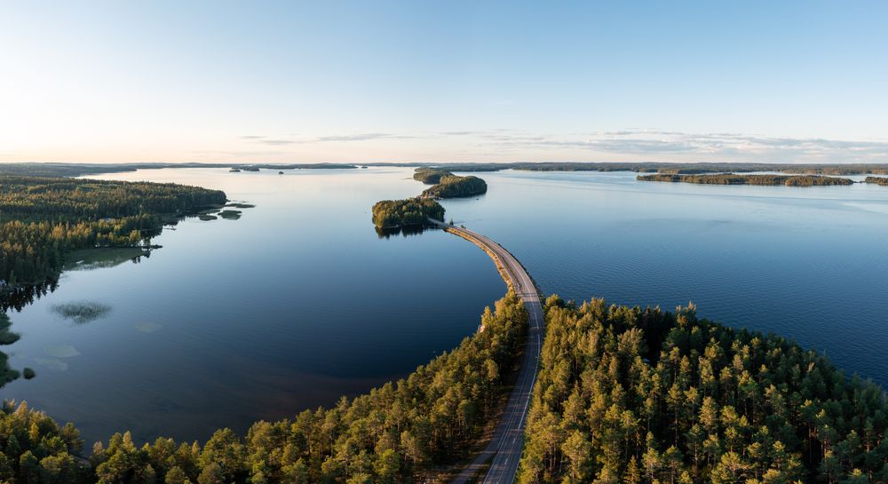 Aerial view of Lake Päijänne in Pulkkilanharju, Finland, in the summer