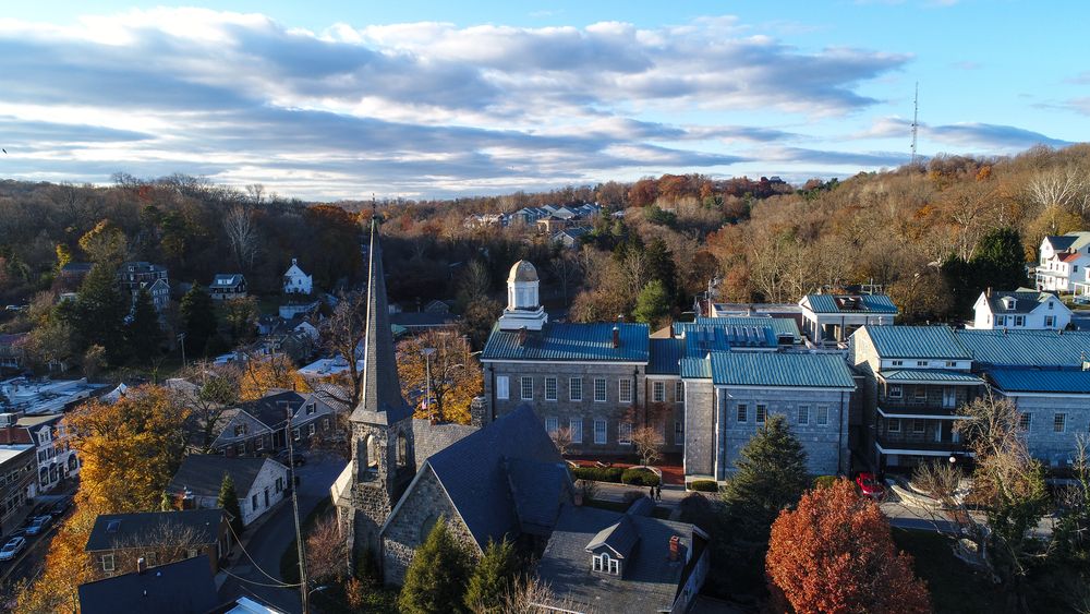 An aerial view of historic Ellicott City, Maryland in the fall