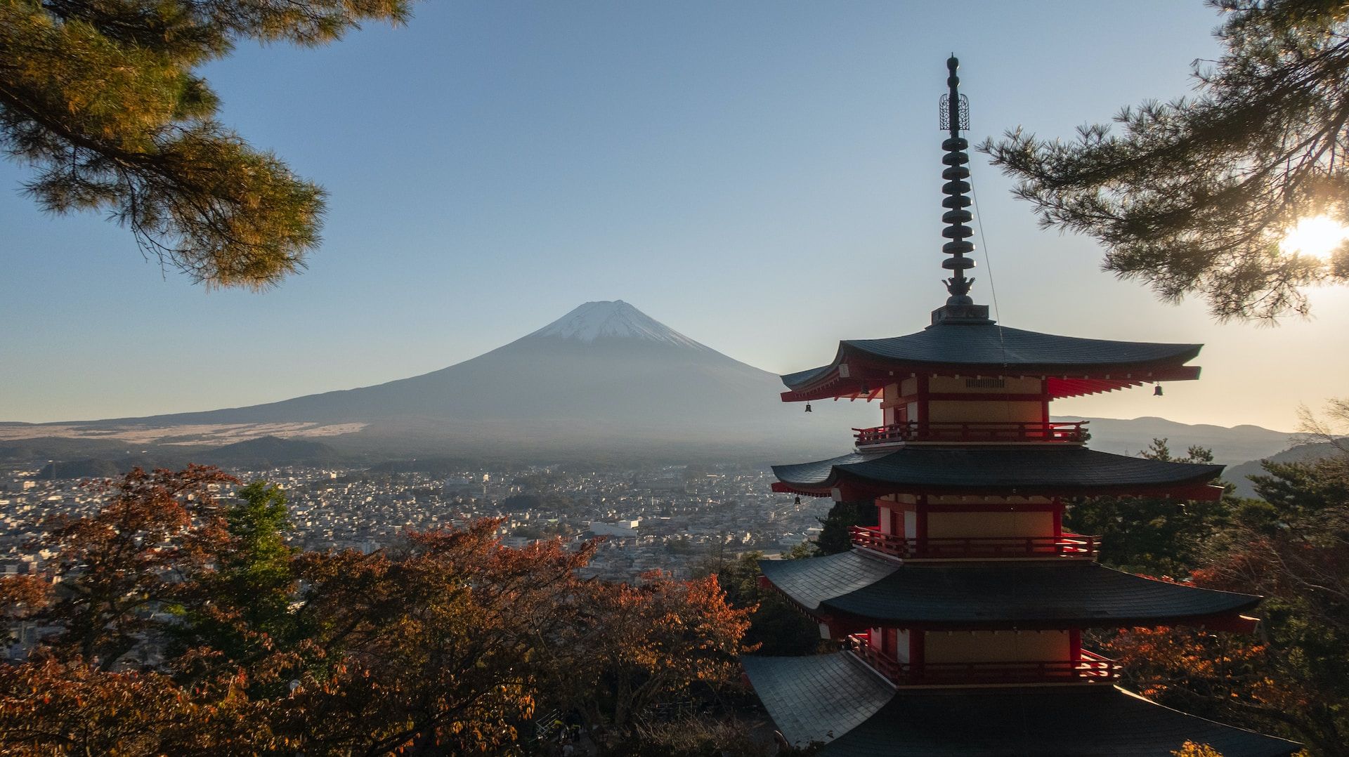 Arakura, Japan, with pagoda and Mount Fuji, surrounded by fall colors