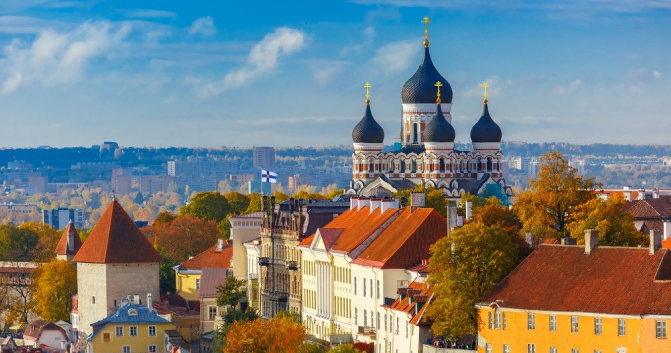 Toompea hill with fortress wall, tower and Russian Orthodox Alexander Nevsky Cathedral, Tallinn, Estonia