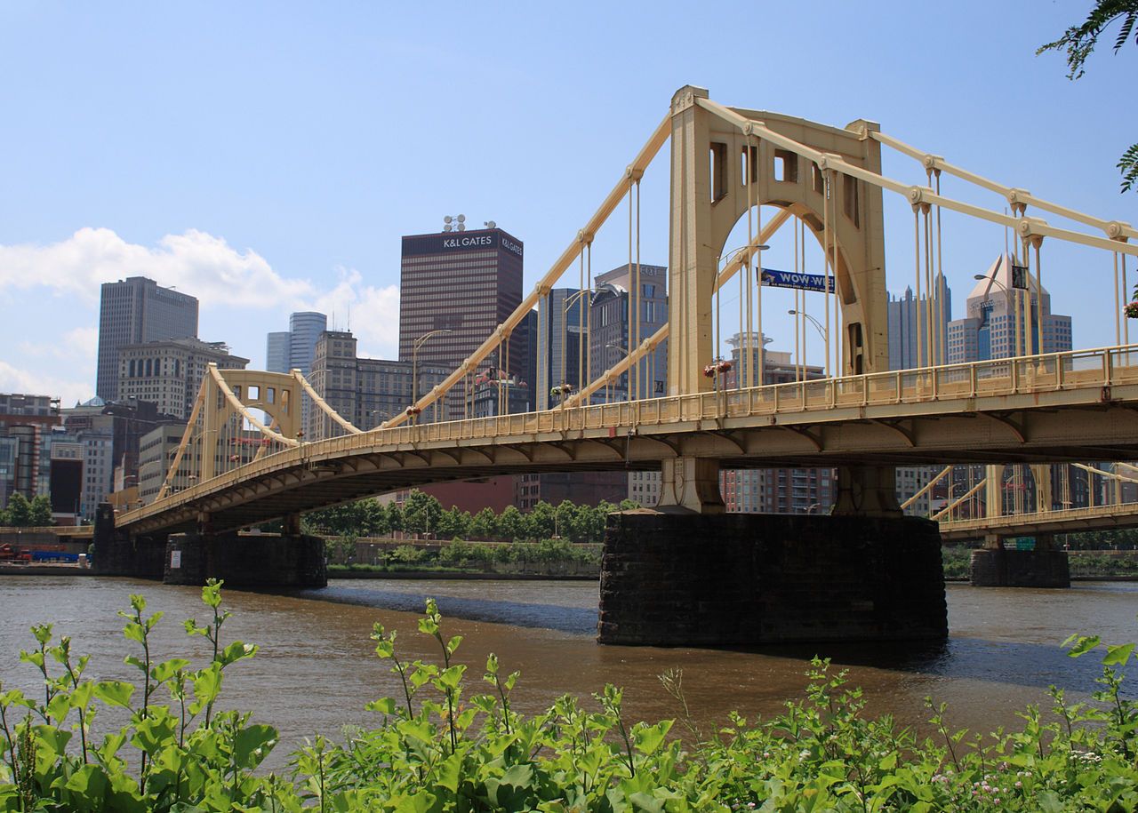 The Rachel Carson Bridge across the Allegheny River, viewed from the North Shore Trail to the north of Pittsburgh.