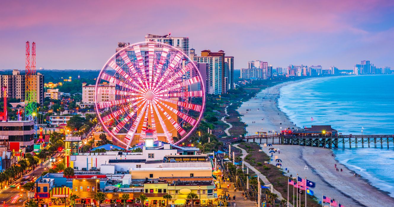 A sunset evening night view of Myrtle Beach, a family-friendly spot in South Carolina, USA
