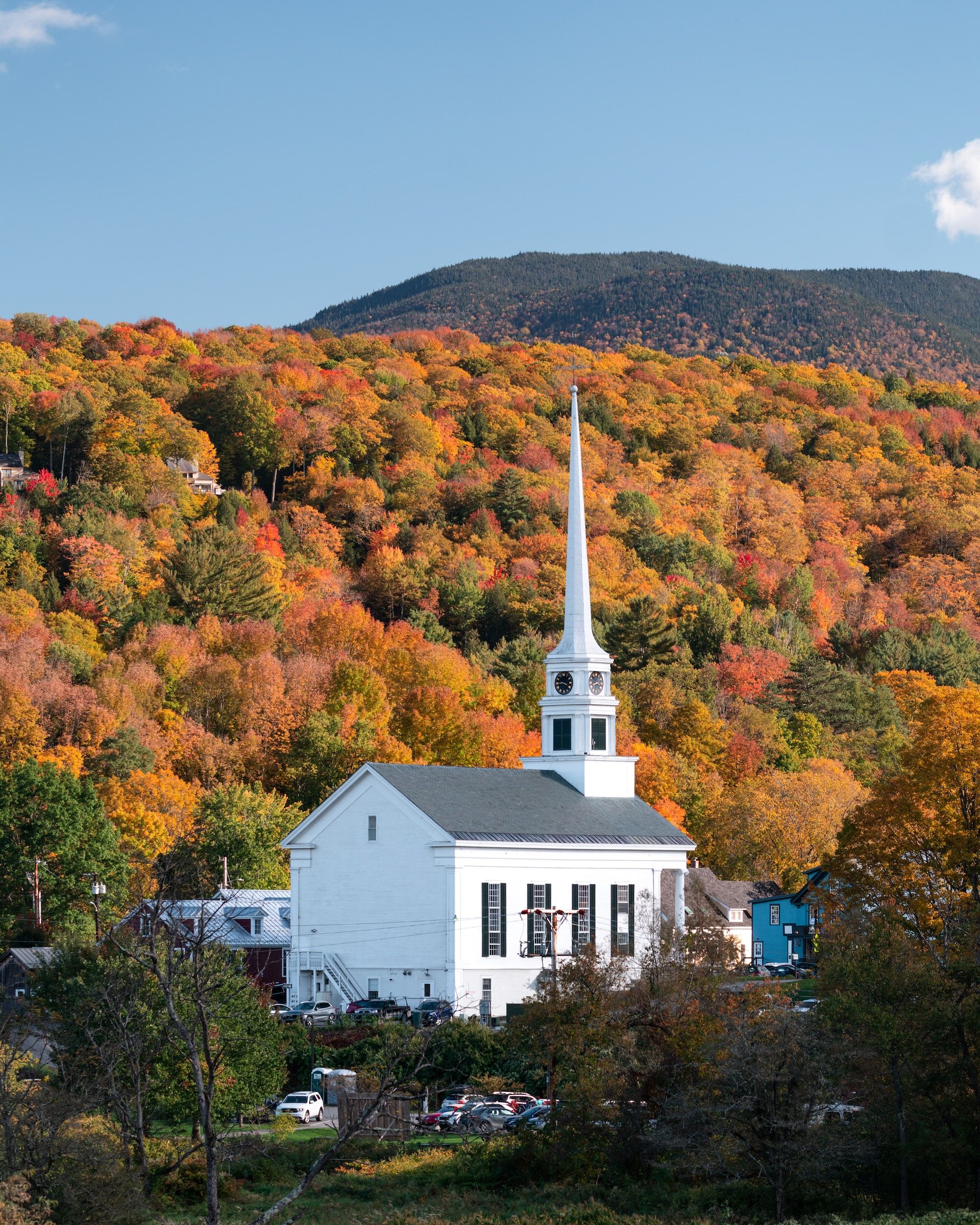 View of Stowe, one of the best places in Vermont to catch fall foliage in all its splendor
