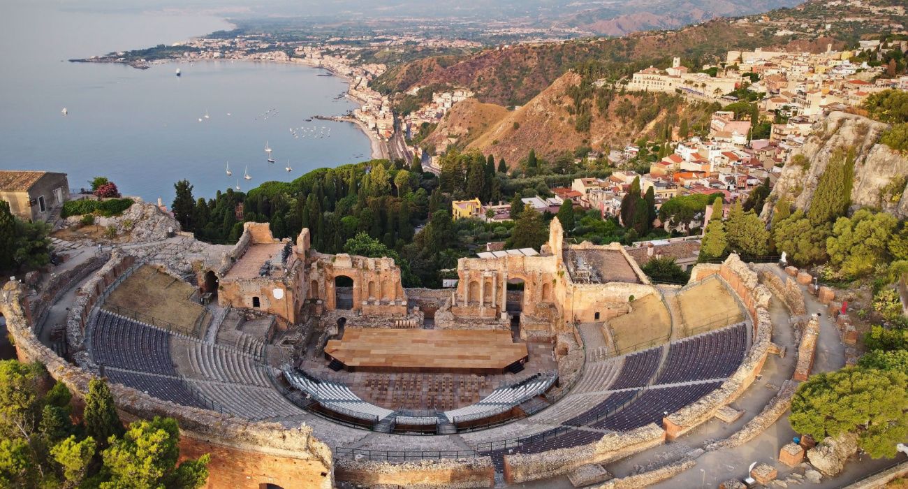 Aerial view of the ancient Greek theatre of Taormina, Sicily, Italy