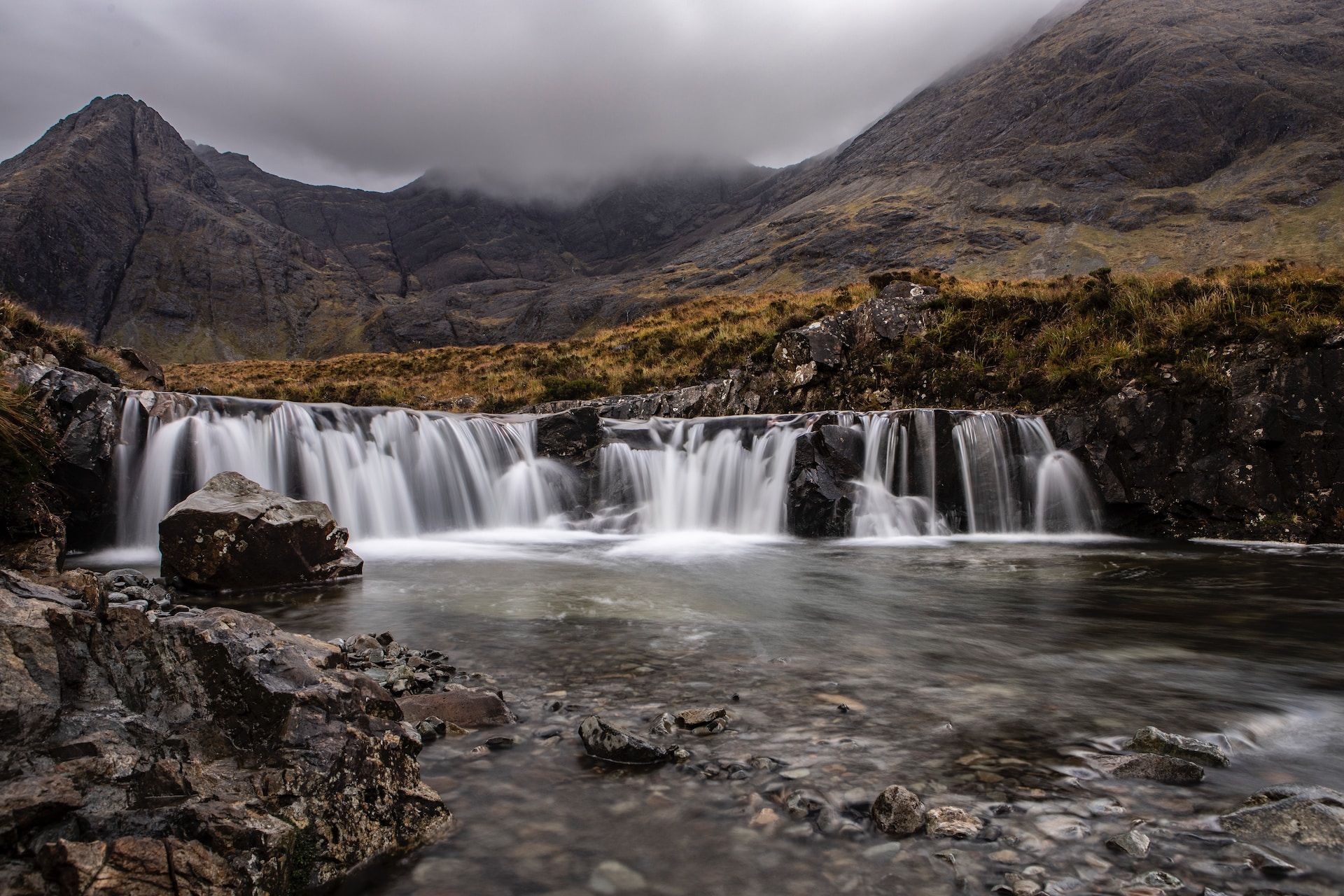 View of the Fairy Pools in the Isle of Skye under darks clouds, Scotland