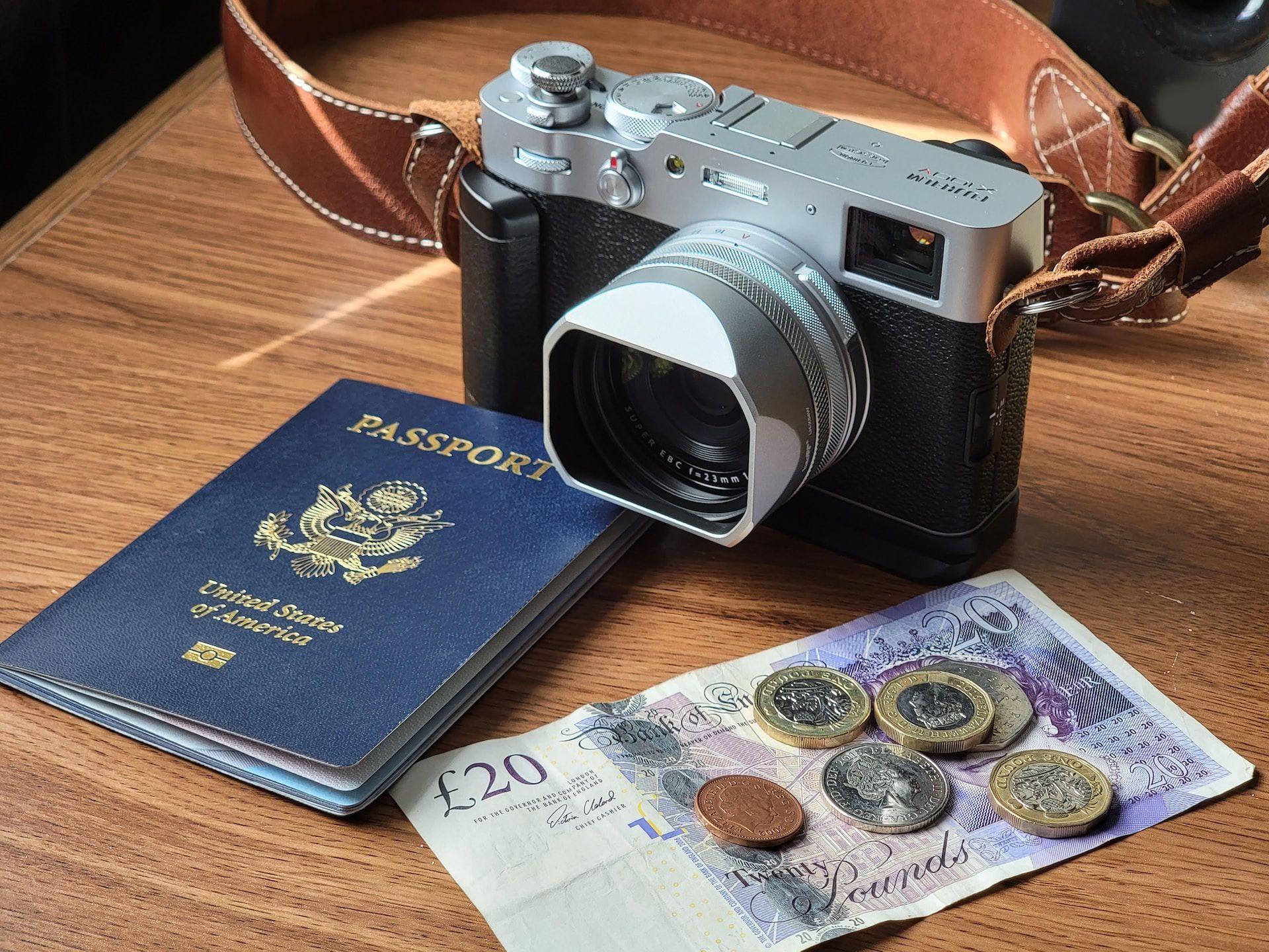 View of camera, passport, and cash 