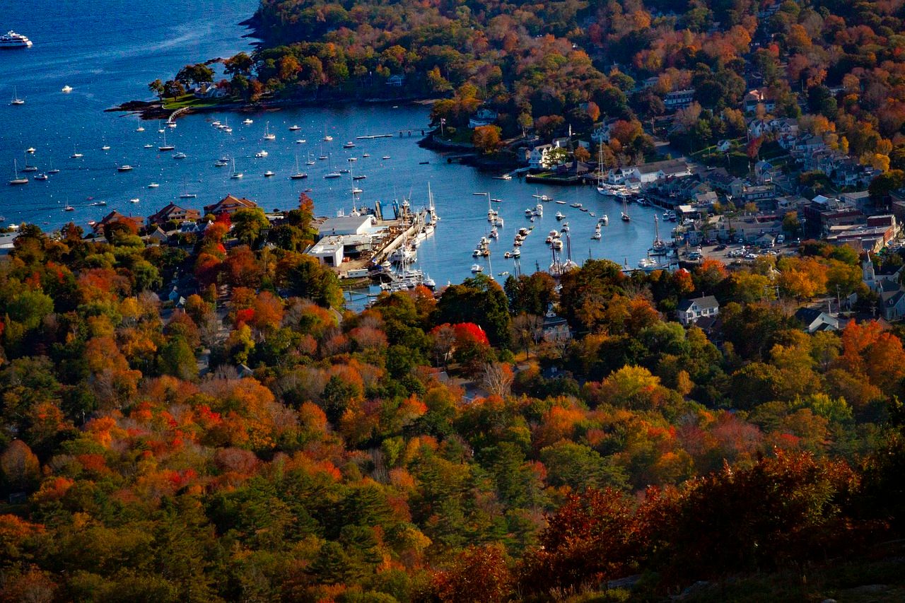 Aerial view of Camden Harbor during the fall, Maine 