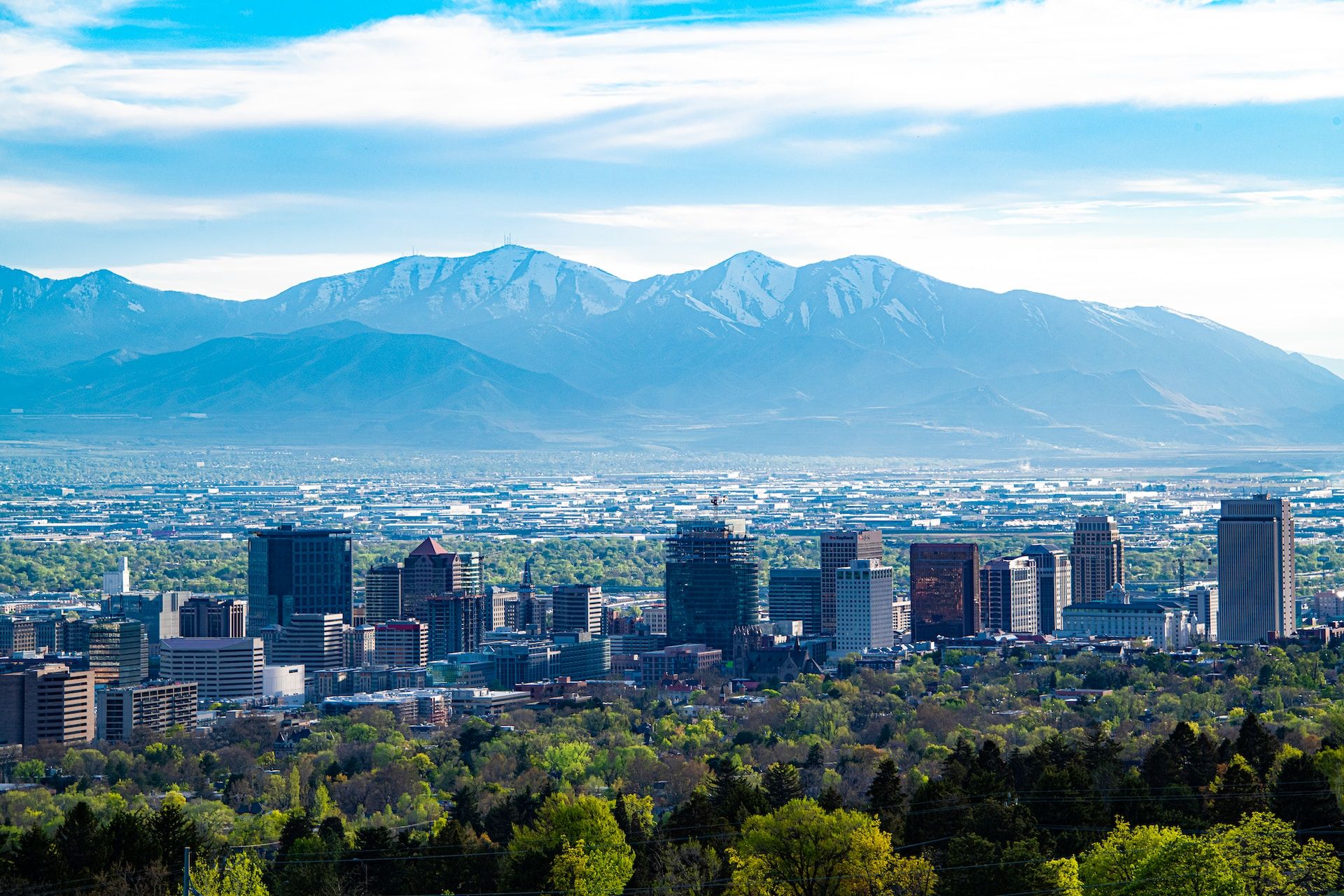 Salt Lake City, Utah skyline with mountain backdrop
