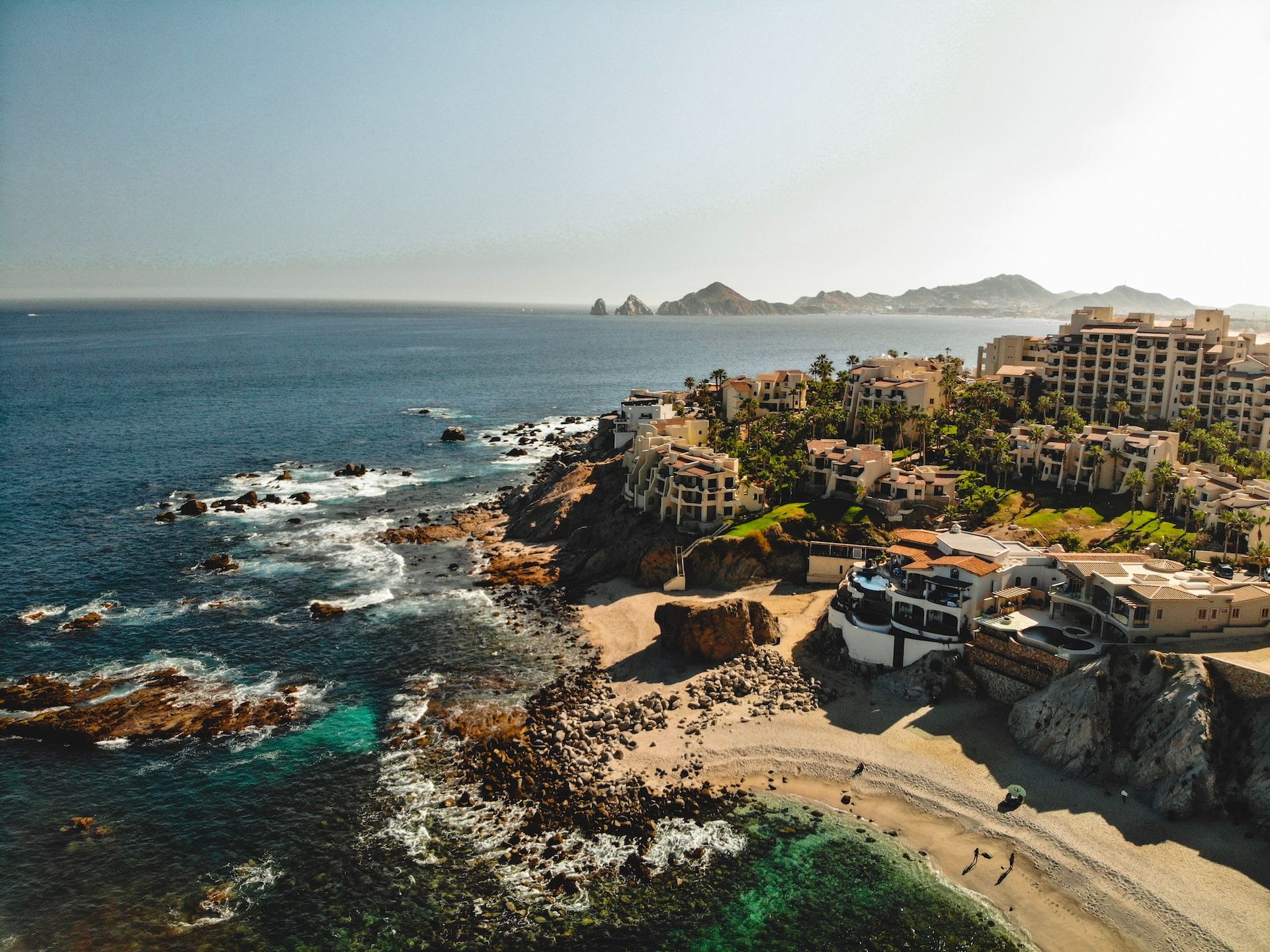 Aerial view of buildings near the coastline in Cabo San Lucas, Los Cabos, Mexico