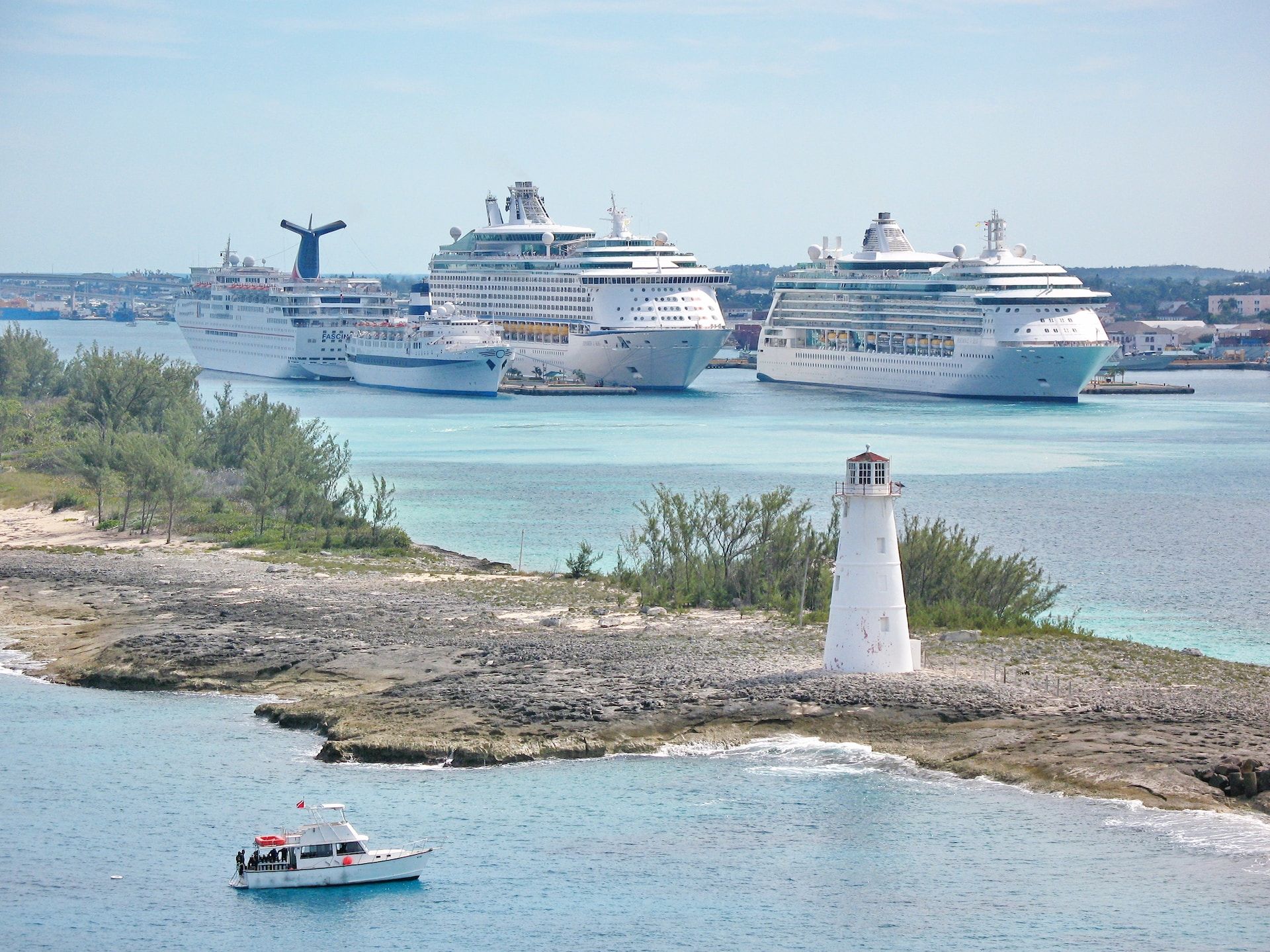 Cruise Ships docking in the massive ports in Nassau, Bahamas