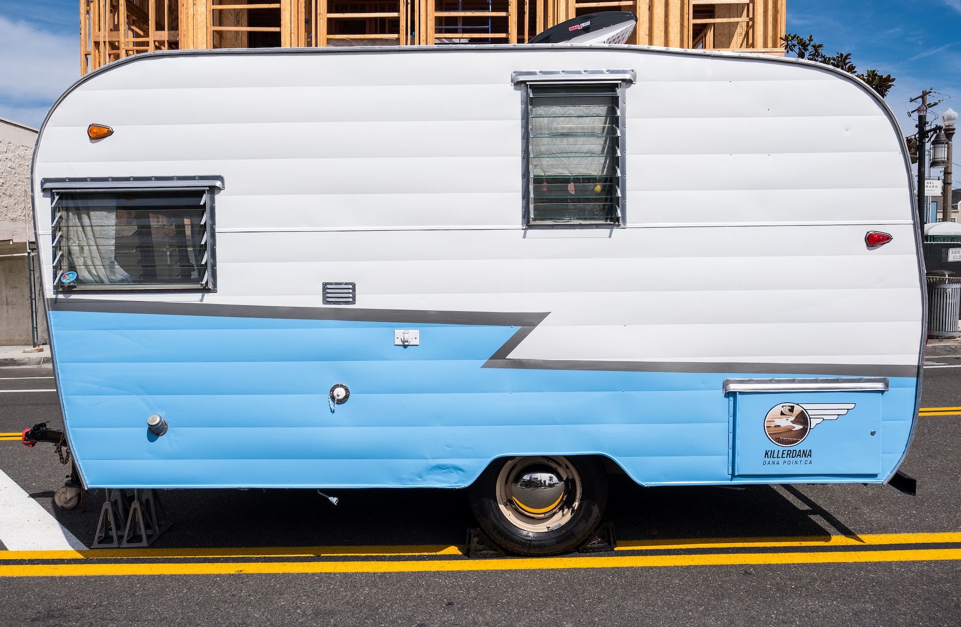 Vintage Blue And White Camping Trailer In Dana Point, CA, USA