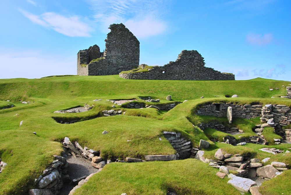 View of the prehistoric village ruins at Jarlshof on the Shetland Islands