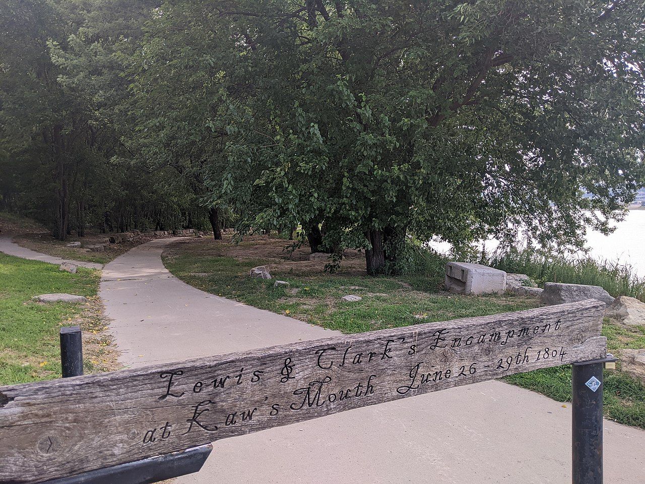 Wooden sign commemorating the Lewis and Clark encampment at Kaw Point Park, Kansas City, Kansas, USA
