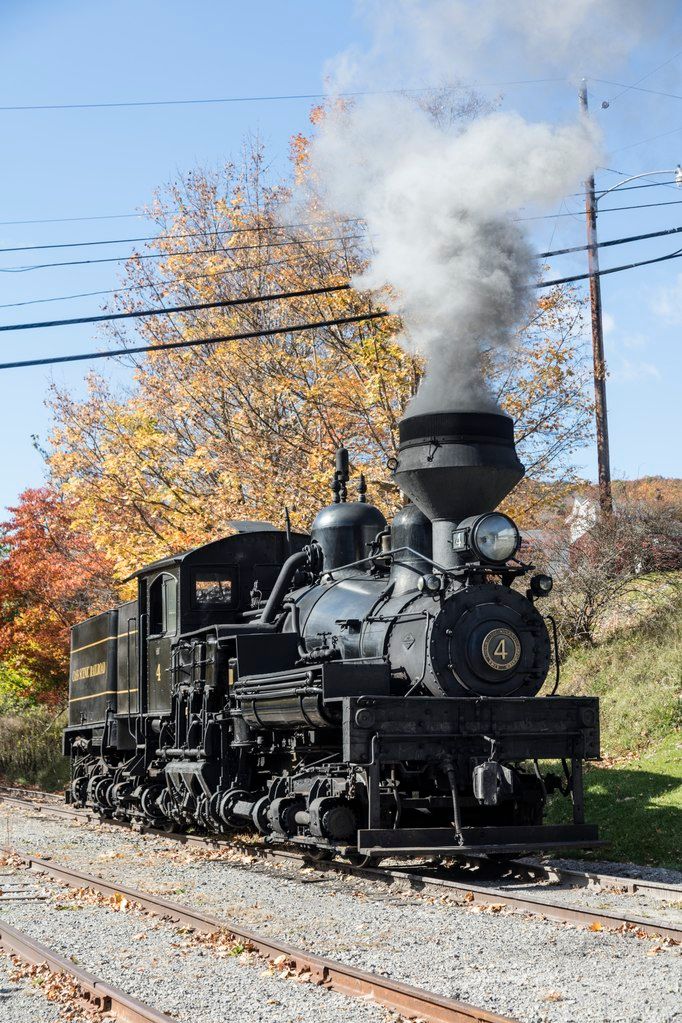 Locomotive No. 4 chugs into the trainyard at Cass Scenic Railroad State Park in Cass, West Virginia