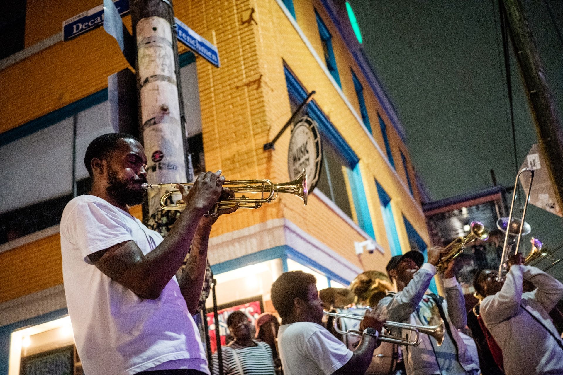 Trumpet and trombone players on Frenchman street in New Orleans