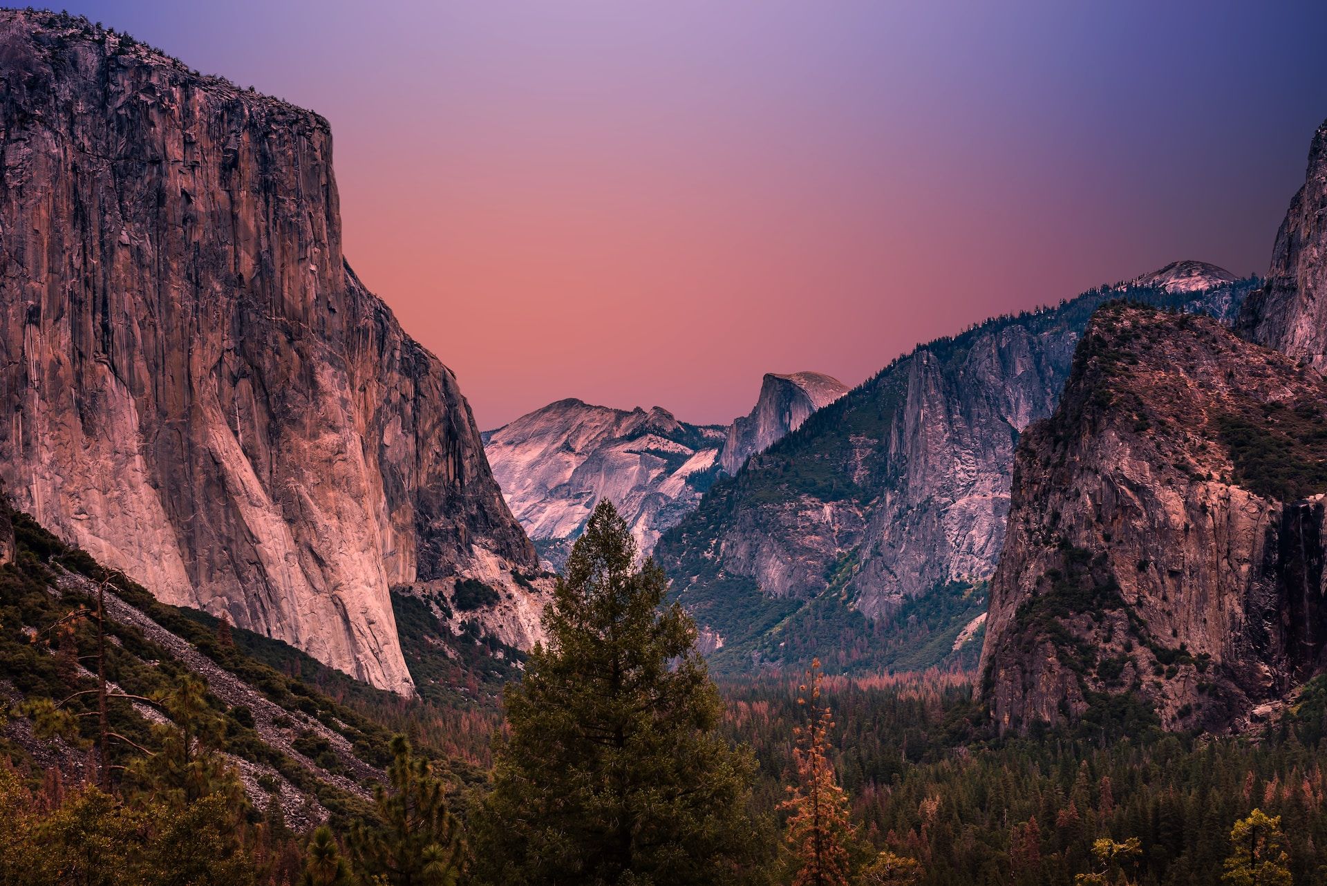 Pink and purple skies over Yosemite National Park