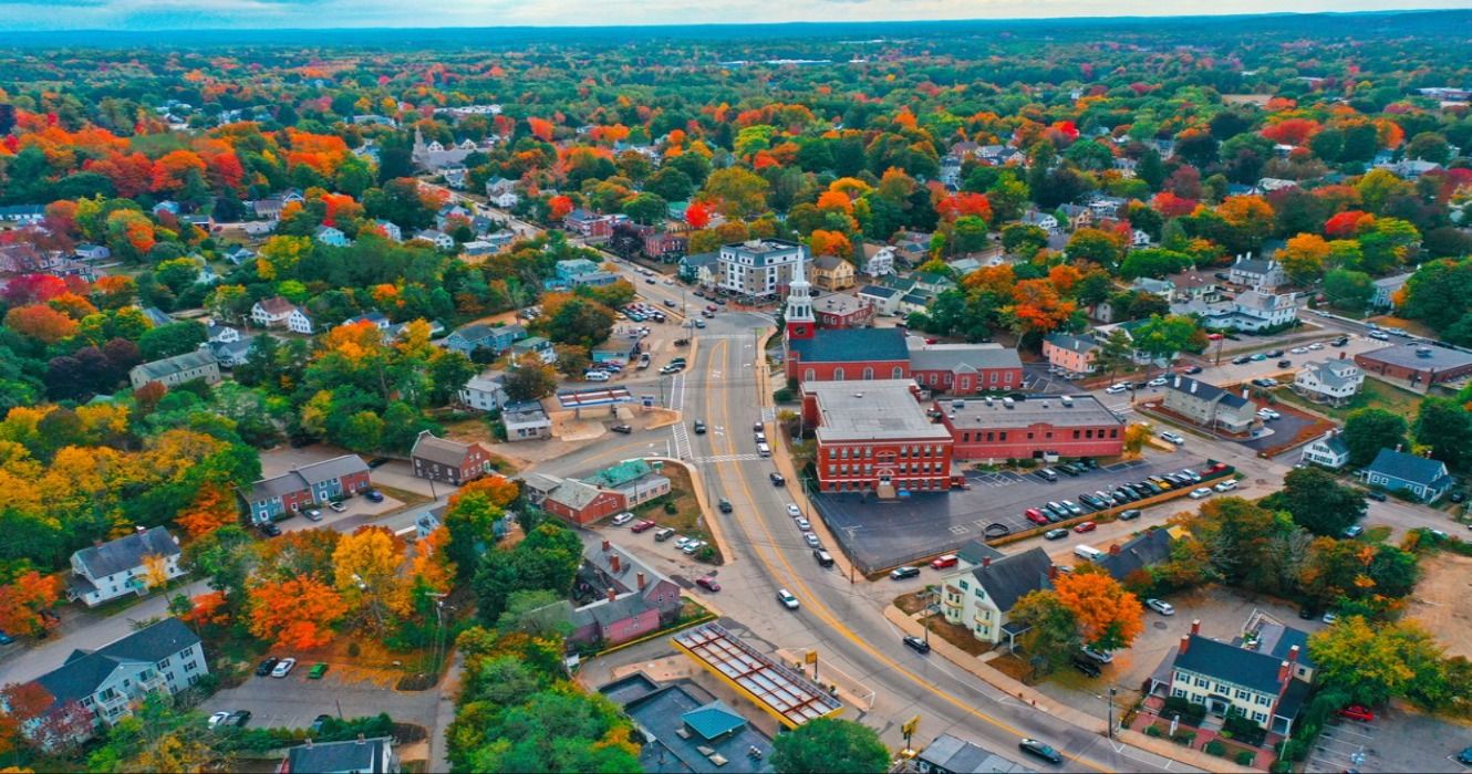 Aerial view of fall foliage and autumn colors in Downtown Dover, NH, New Hampshire, USA