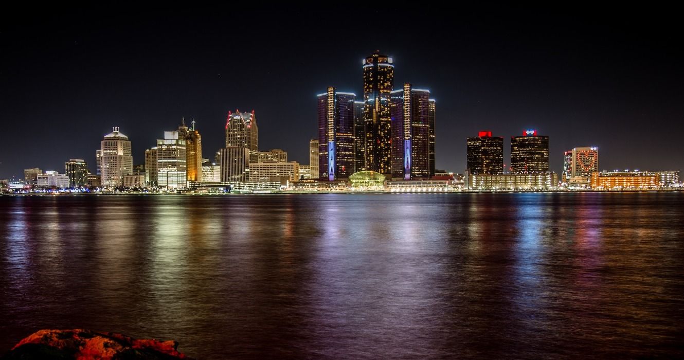 The cityscape and night skyline in Detroit, Michgan, USA