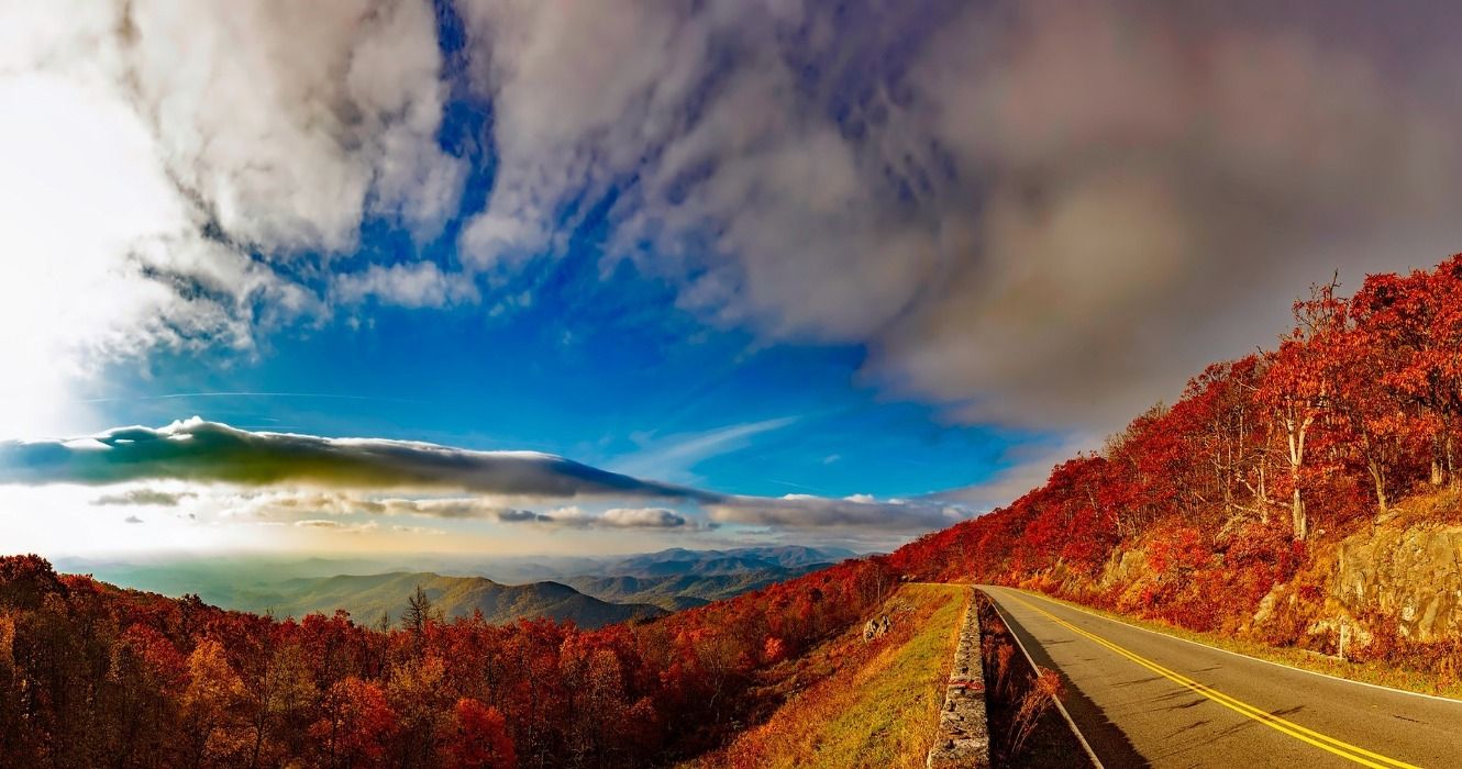 Fall foliage along a scenic road in the Blue Ridge Mountains, Virginia, USA
