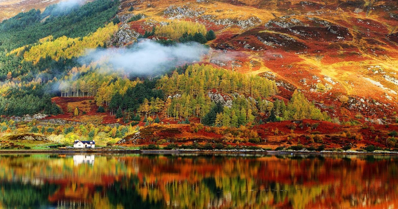 Autumn colors and fall foliage reflecting on a lake in the Scottish Highlands, Scotland, United Kingdom