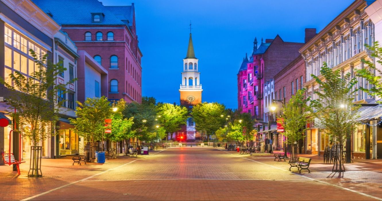A night city view after dark of Church Street Marketplace in Burlington, Vermont, New England, USA