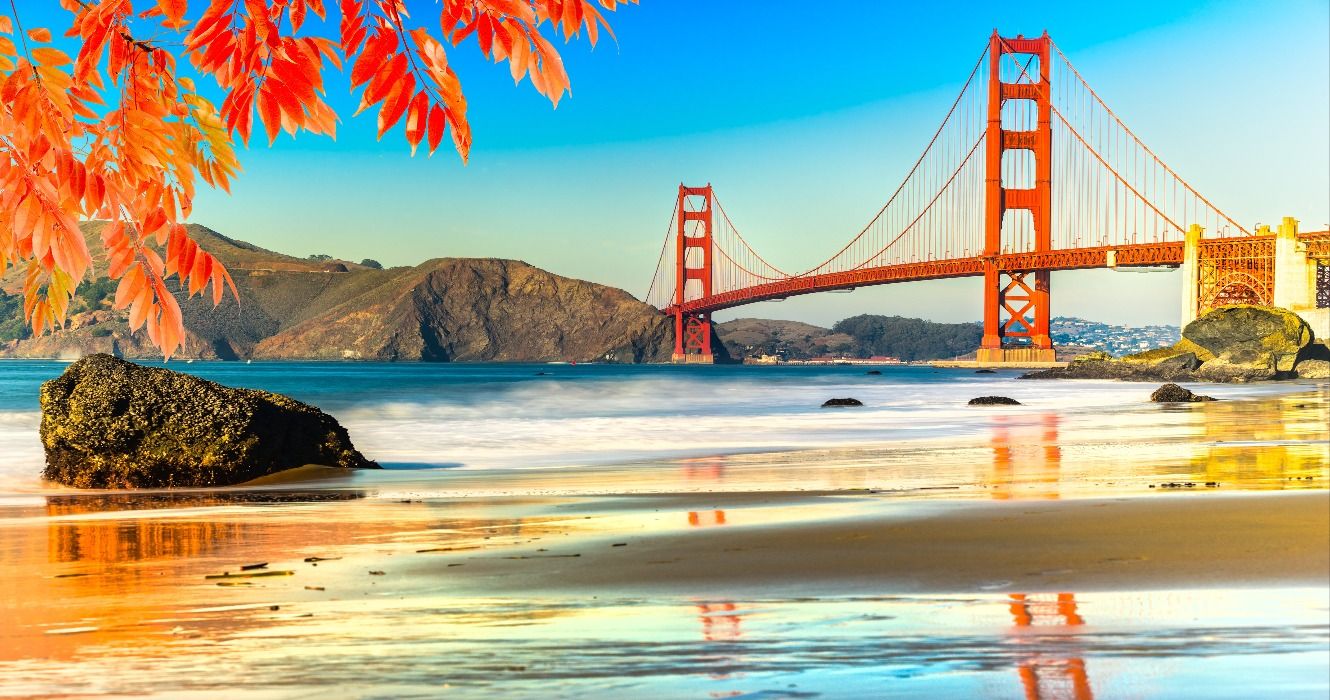 Fall foliage at the Golden Gate Bridge, San Francisco, California, USA