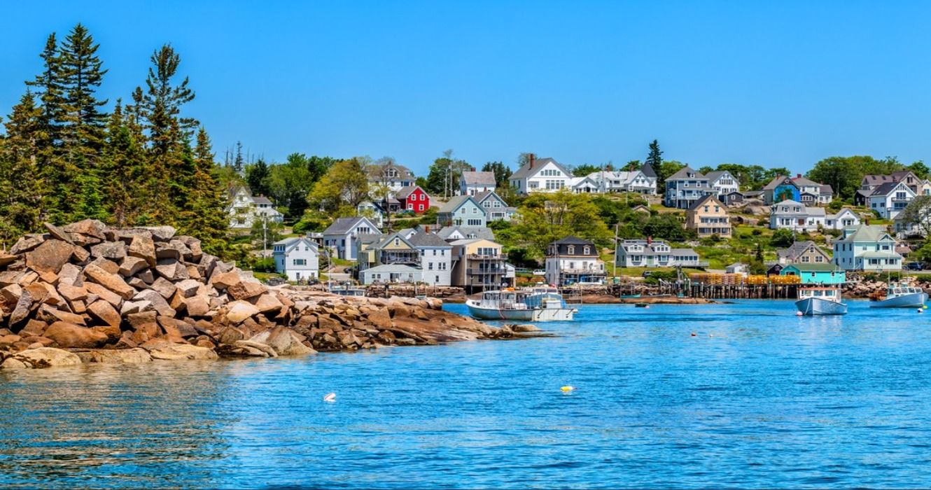The beautiful New England fishing village waterfront and harbor of Stonington, Maine, USA