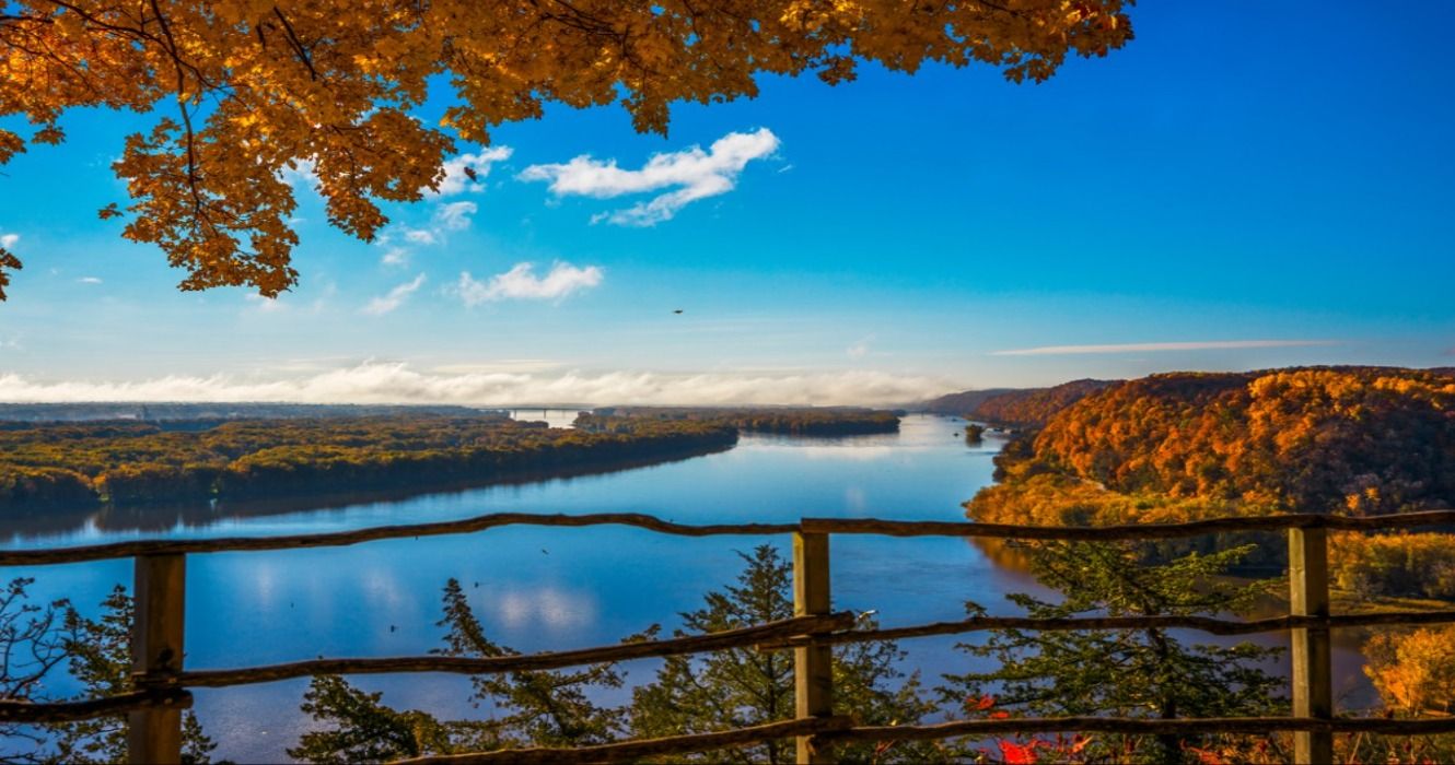 A scenic overlook showing fall foliage in the autumn above the Mississippi River at the Effigy Mounds National Monument, Iowa, USA