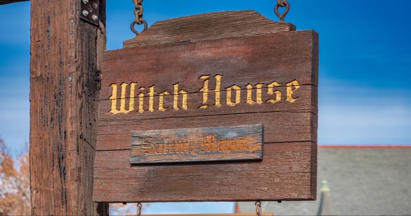 The Witch House Sign in Salem, Massachusetts, USA, the only structure still standing in the city with direct ties to the Witchcraft Trials in 1692