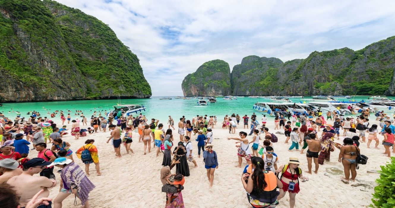 Crowds of tourists on the famous Maya Beach in Maya Bay, Koh Phi Phi Leh, Phi Phi Islands, Thailand