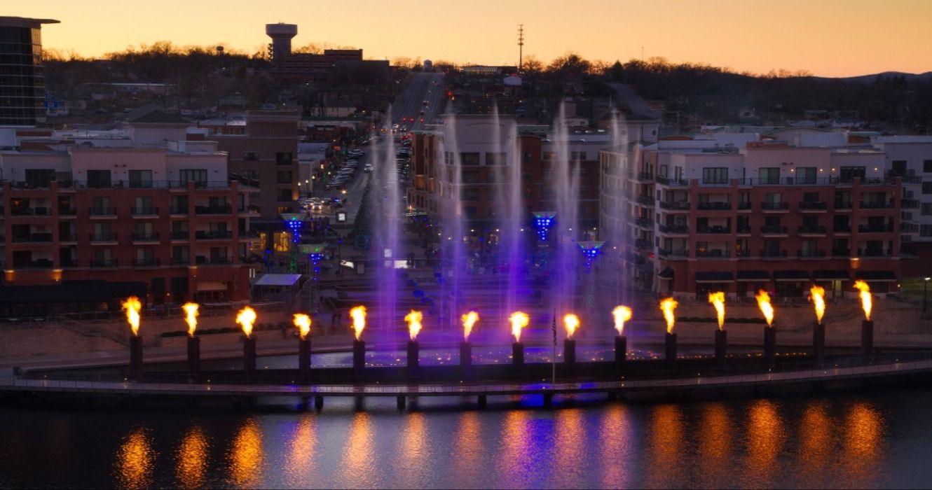 Skyline city view of the fountain show on the Branson Landing in Branson, MO, Missouri, USA