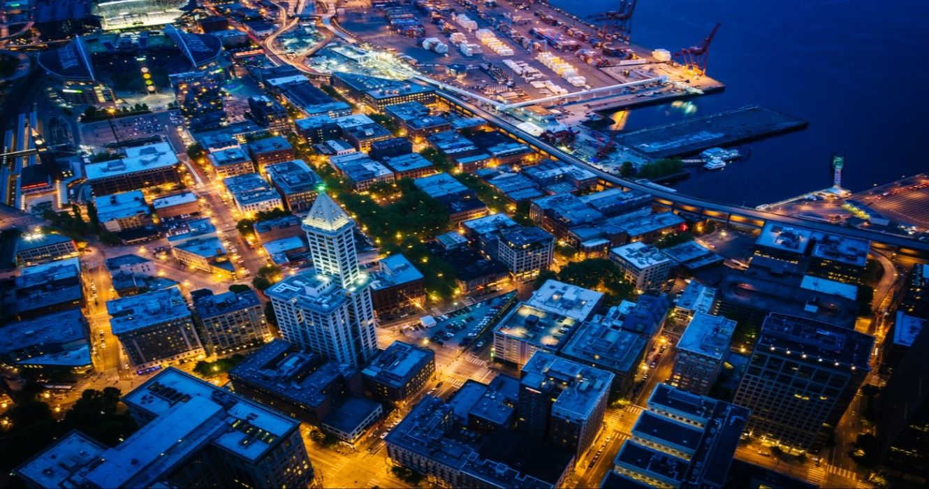 A night time city view of the Pioneer Square in Seattle, Washington, USA
