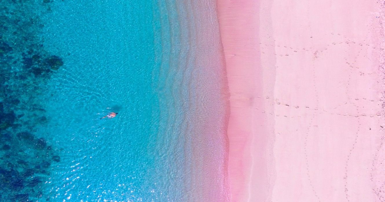 An aerial view of the Pink Beach on Komodo Island, Indonesia
