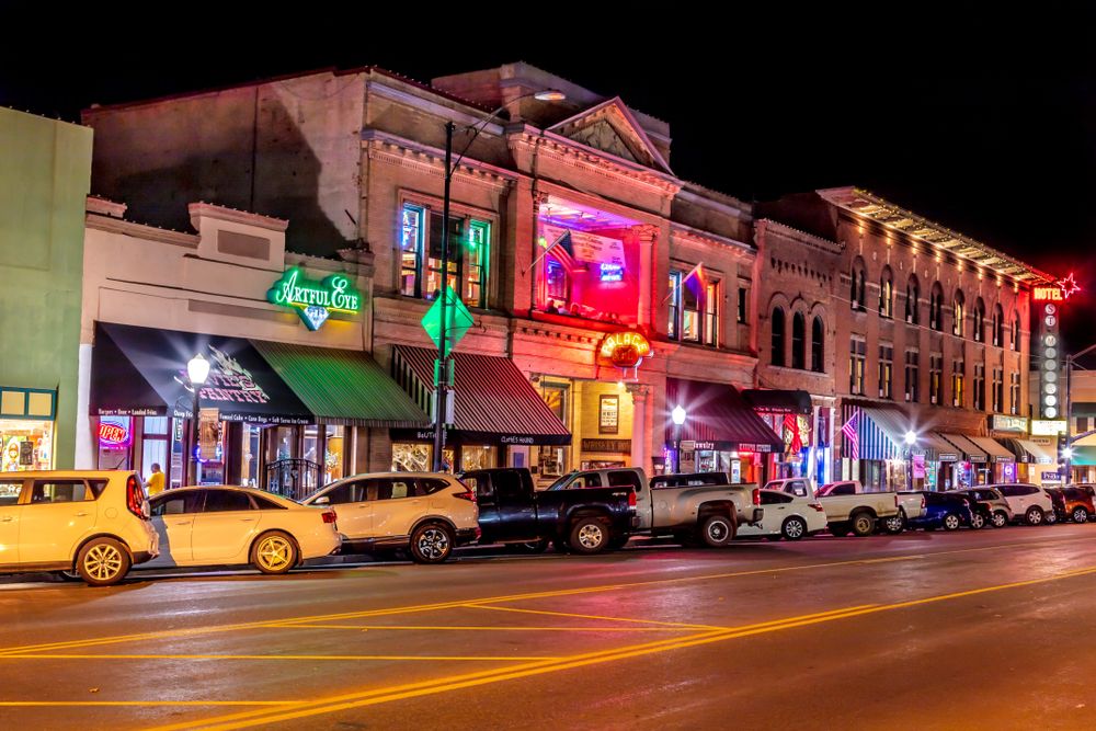 A section of Whiskey Row at night