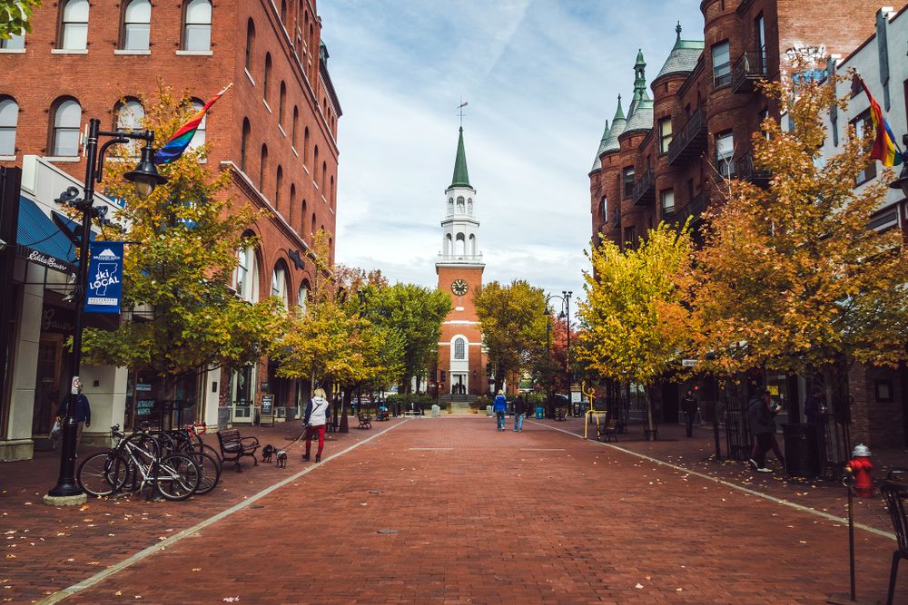 Burlington Vermont Church Street Marketplace downtown city in the fall