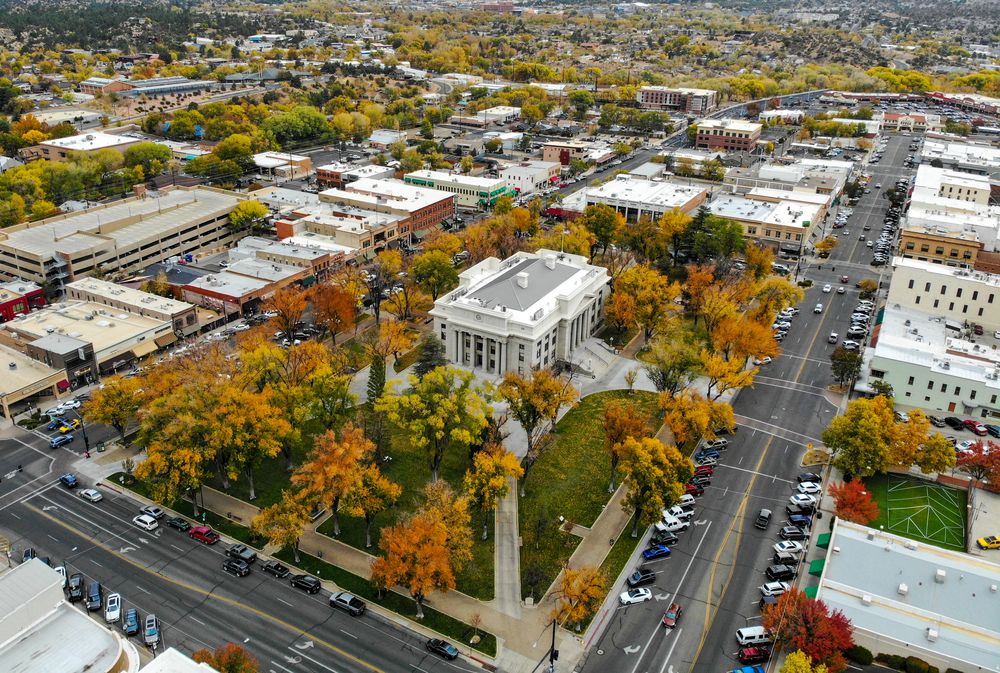 Aerial view of Prescott's downtown area