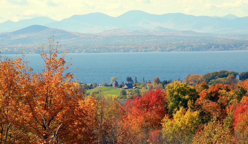  Lake Champlain surrounded by magnificent fall foliage and the Adirondacks