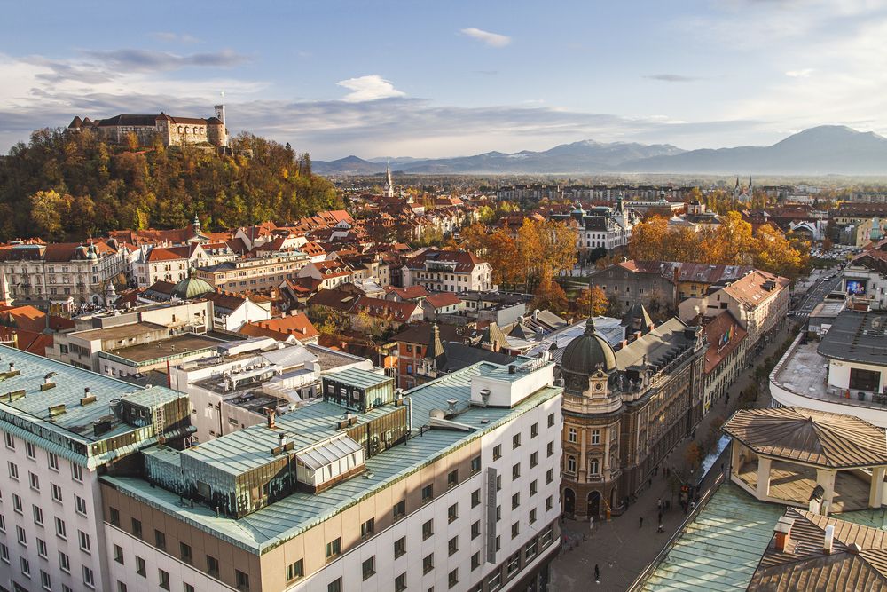 Fall panorama of Ljubljana Castle and historical city
