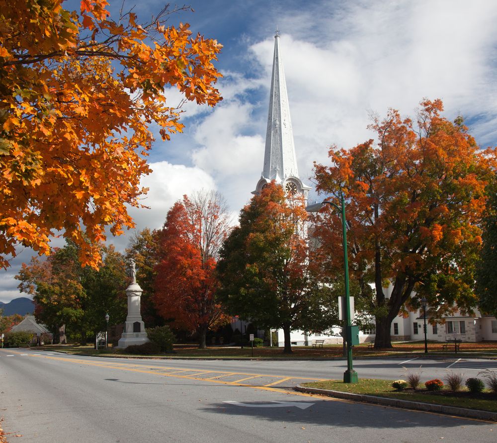 Autumnal shot of the main street of Manchester, Vermont, in the fall, USA