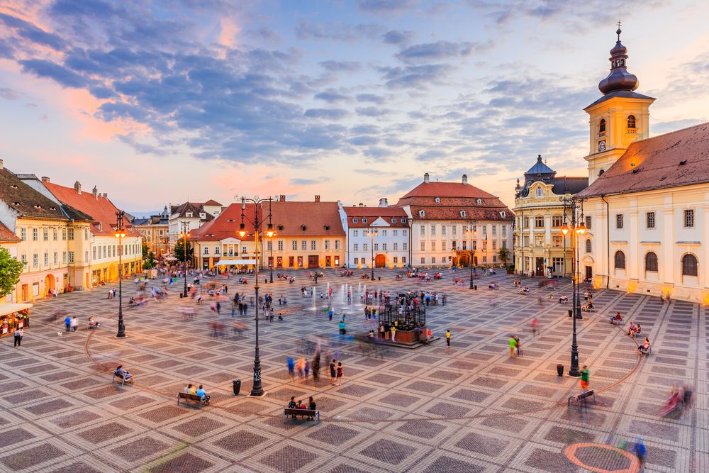 Sibiu, Romania. Large Square (Piata Mare) and the City Hall and Brukenthal palace in Sibiu, Transylvania, Romania