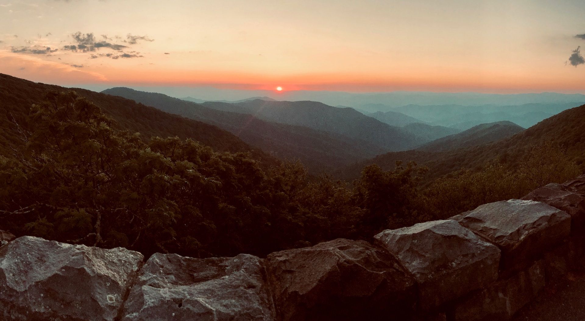 Sun setting over the Blue Ridge Mountains viewed from Skyline Drive