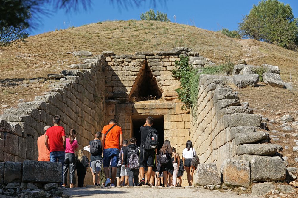 Tourists at Treasury of Atreus or Tomb of Agamemnon