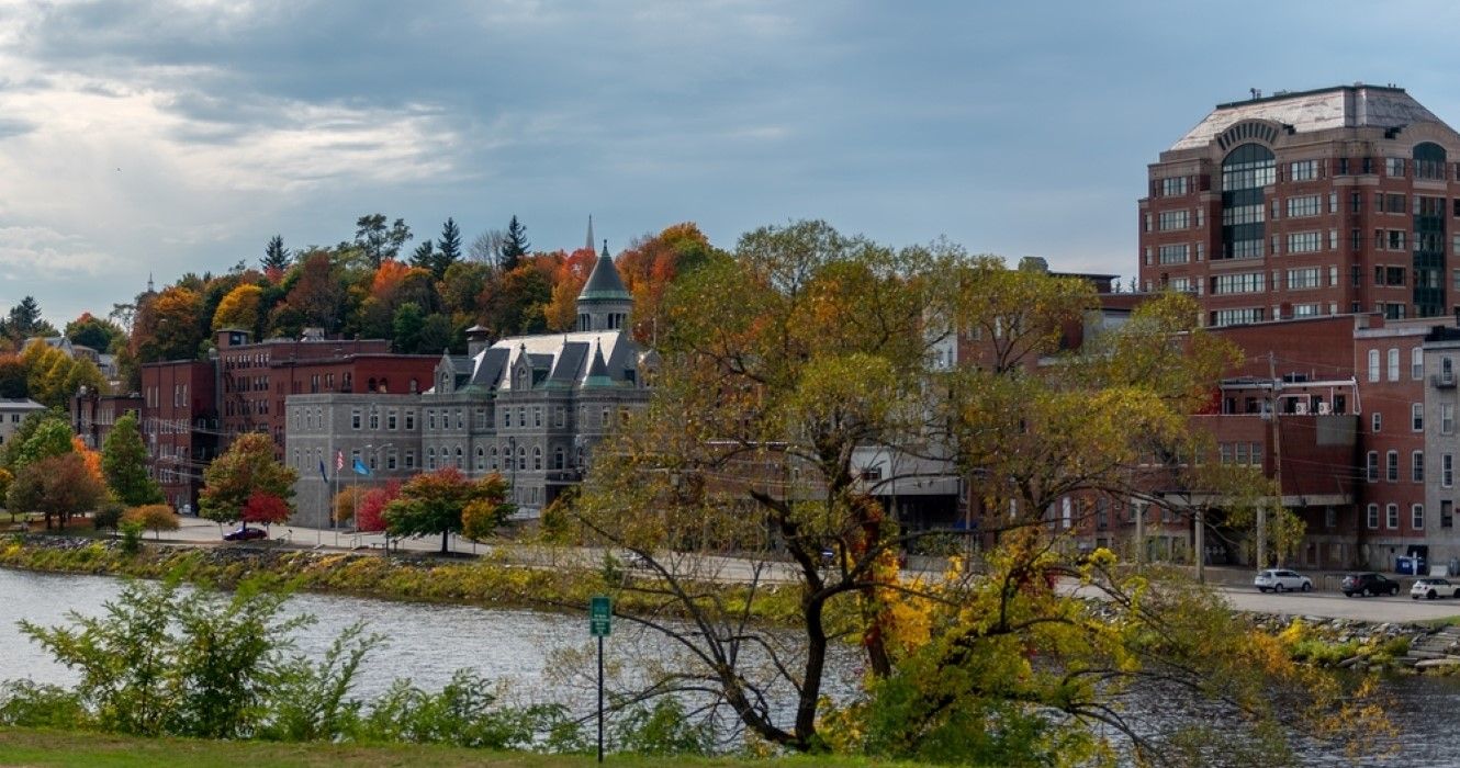 View of historical sites along Kennebec River in Augusta, Maine