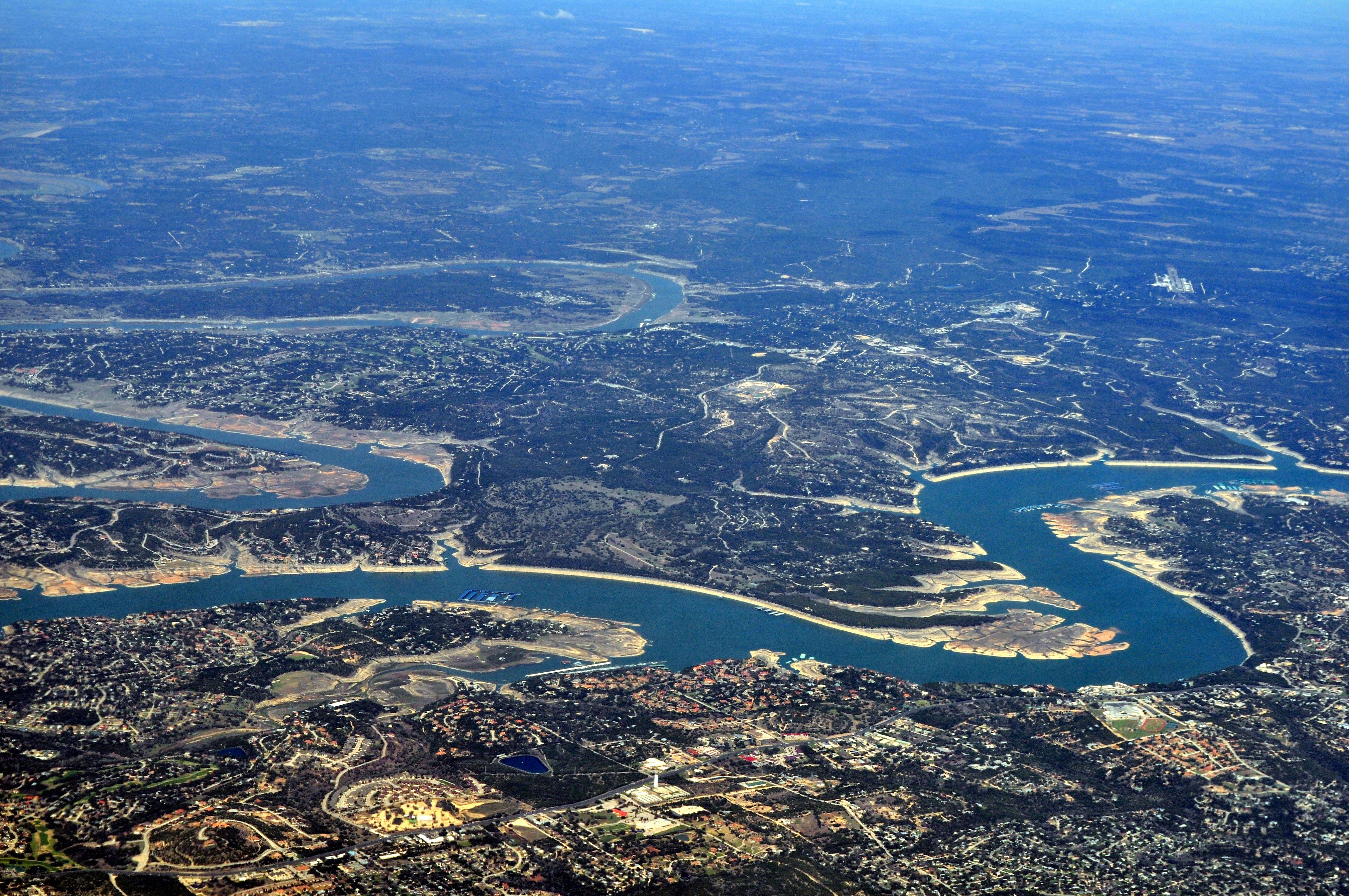 Aerial view of Lake Travis and the Colorado River west of Austin, Texas