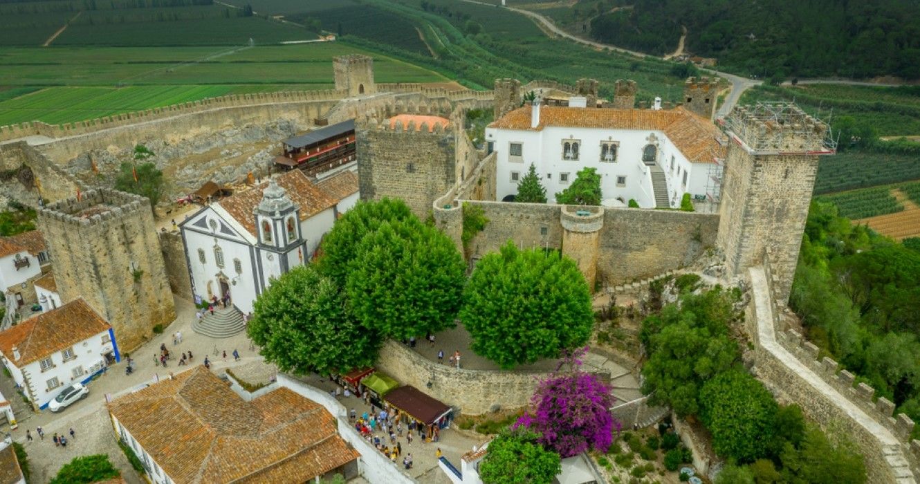 Aerial view of Obidos castle and walled medieval town in Central Portugal one of the seven wonders of Portugal