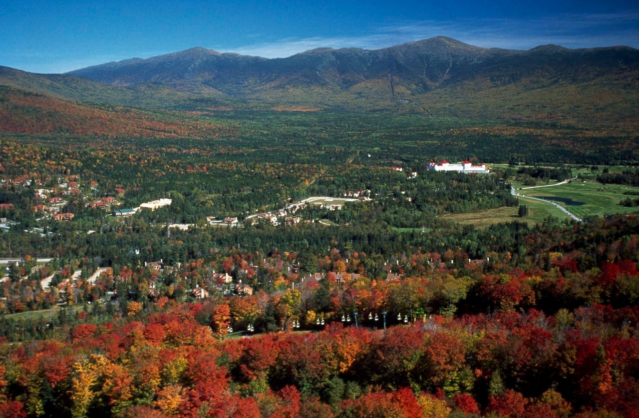 Breathtaking aerial view of the historic Mount Washington Hotel in New Hampshire