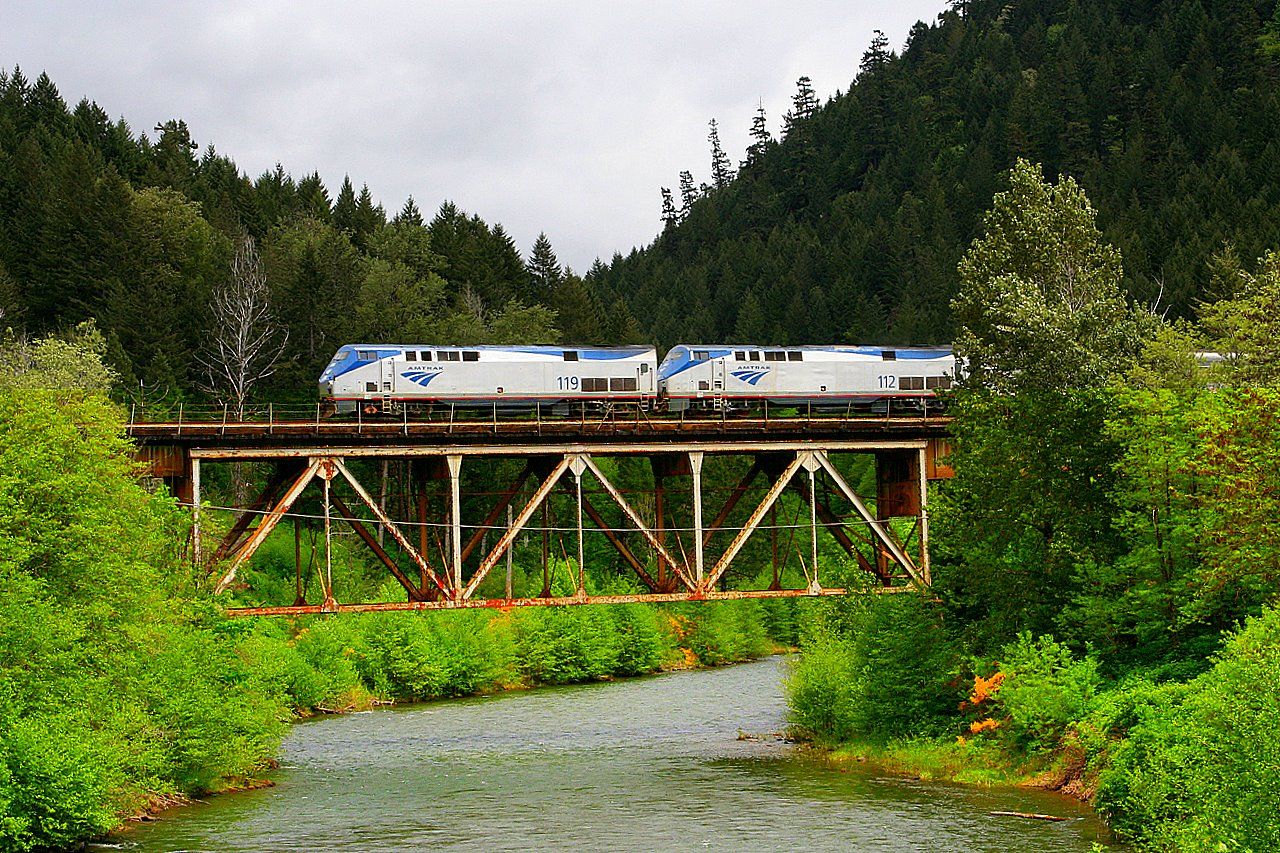 Amtrak's Coast Starlight crossing the North Fork of the Willamette River at Westfir, OR.
